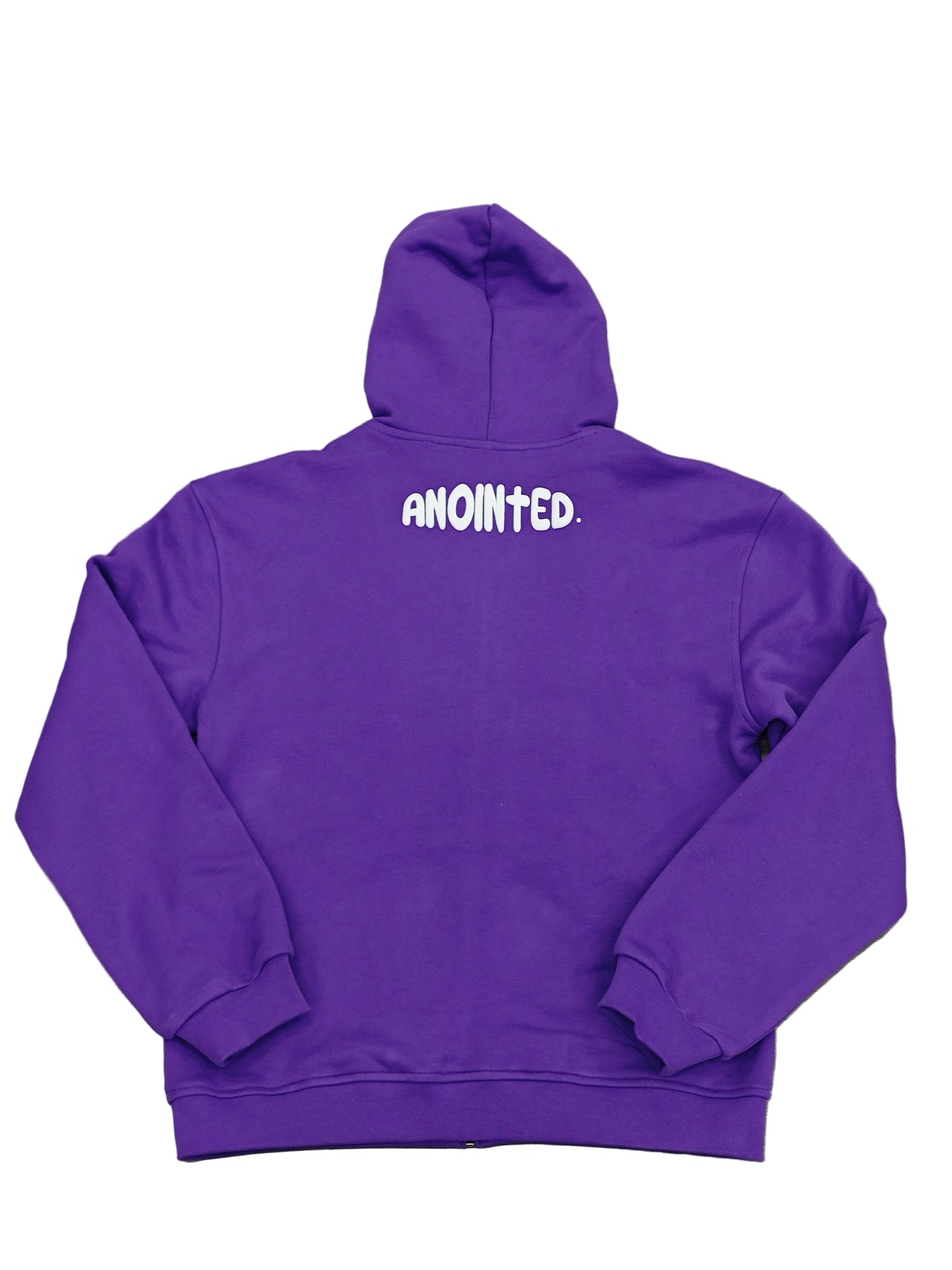 Purple full-zip hoodie with a large 'ANOINTED' text in the centre of the upper torso. Hoodie contains a purple satin fabric inside the hood and the hoodie has a custom cross zipper. There are exposed zippers on the pockets.
