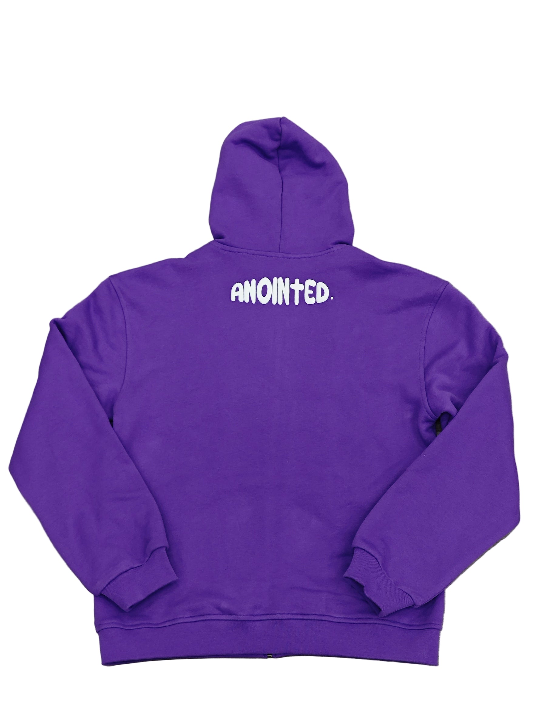 Purple full-zip hoodie with a large 'ANOINTED' text in the centre of the upper torso. Hoodie contains a purple satin fabric inside the hood and the hoodie has a custom cross zipper. There are exposed zippers on the pockets.
